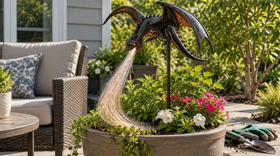 Shirem DragonFlame dragon sculpture perched in a garden planter, with a glowing flame-like stream flowing from its mouth
